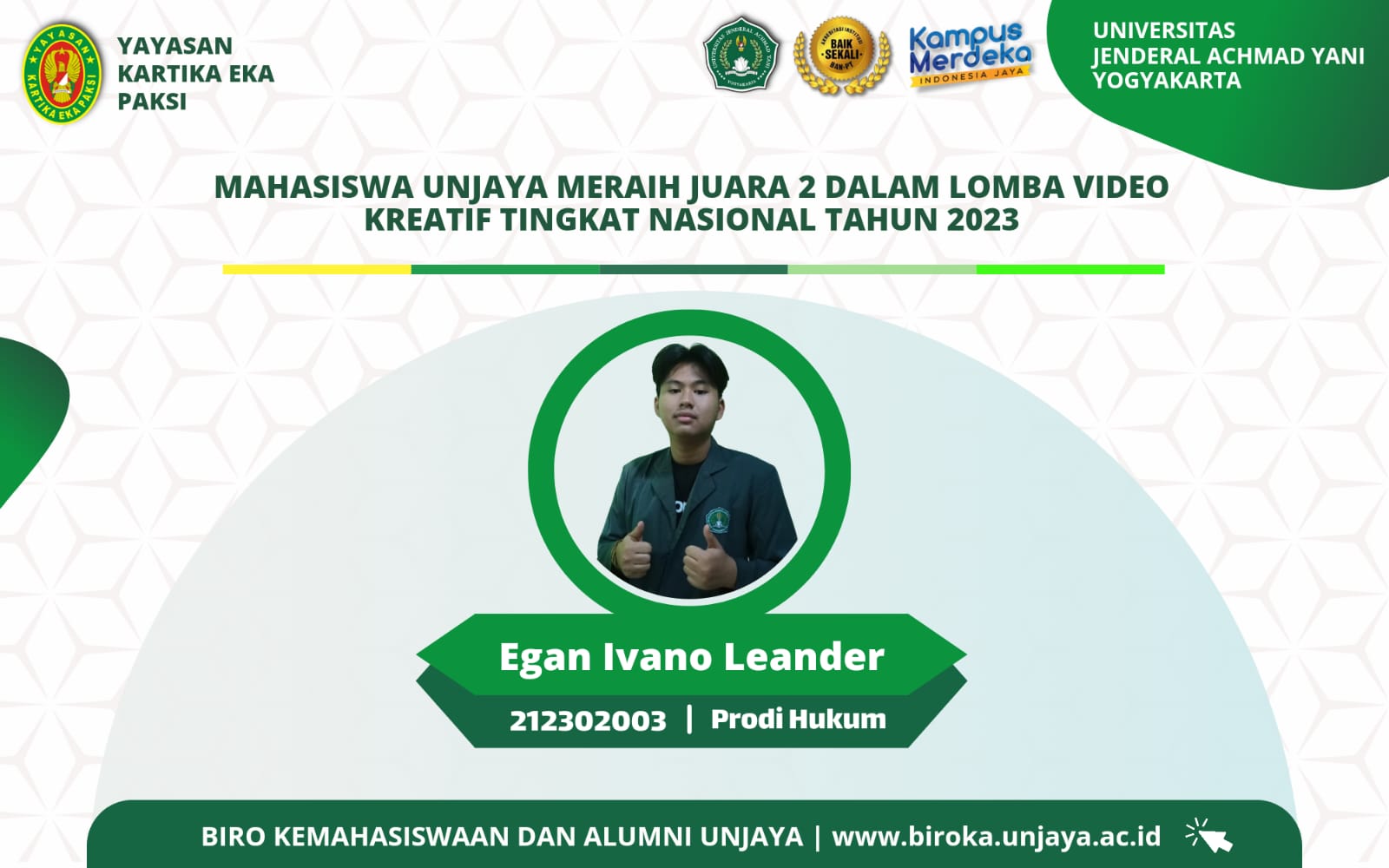 Thumbnail SELAMAT & SUKSES MAHASISWA UNJAYA MERAIH JUARA 2 DALAM LOMBA VIDEO KREATIF TINGKAT NASIONAL TAHUN 2023